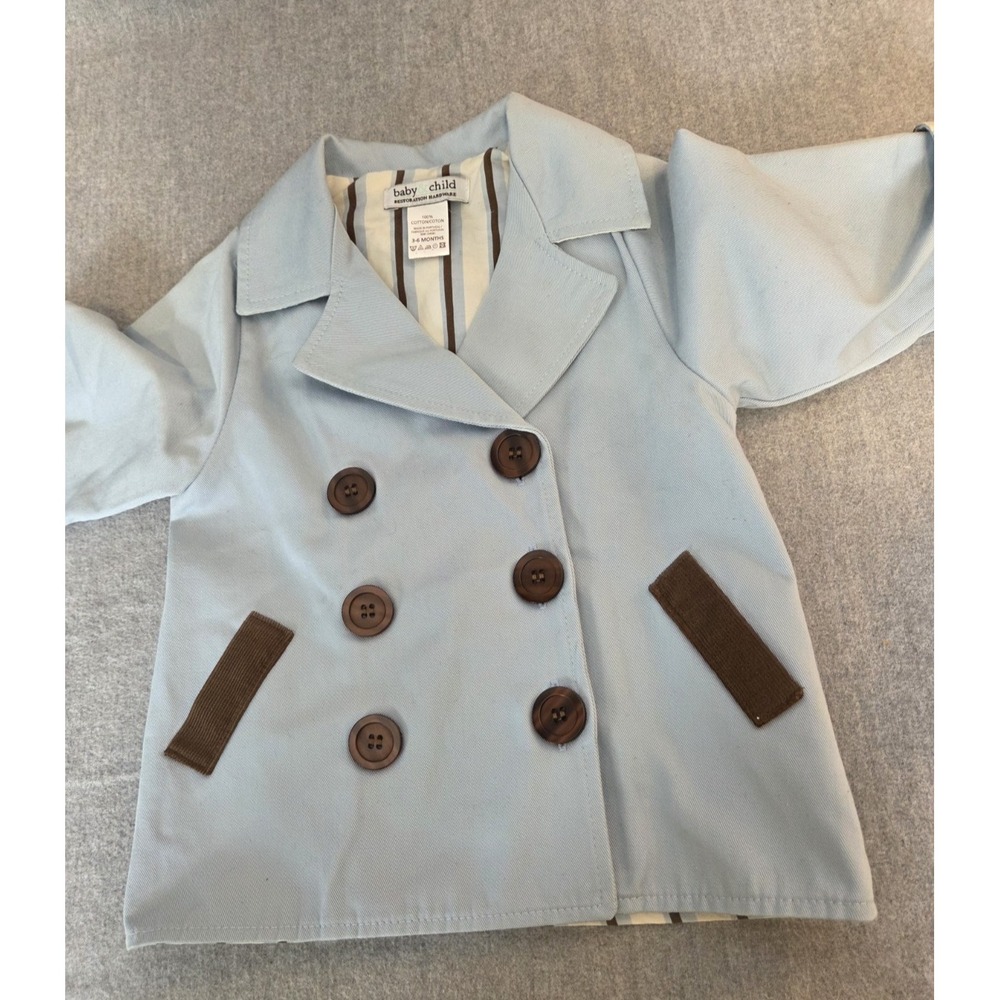 RESTORATION HARDWARE Baby Jacket 3-6 Months Blue Trench‎ Rain Coat Button Up - Picture 5 of 9